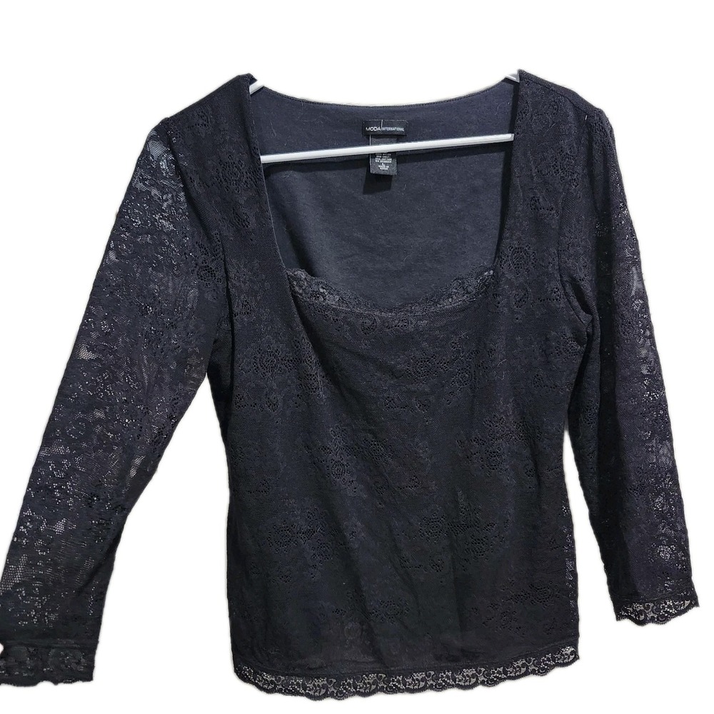 Moda International Black Lace Blouse Sheer Long Sleeve Square Neck Sz L Goth